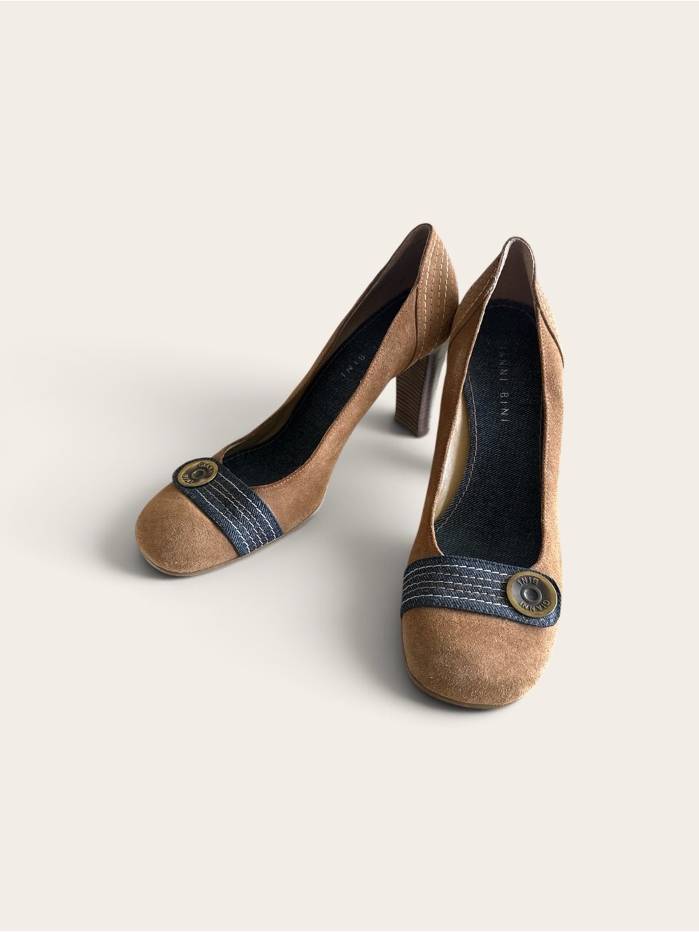 Gianni Bini Suede Brown Blocking Heel Pumps with Contrast Strap 9.5 M